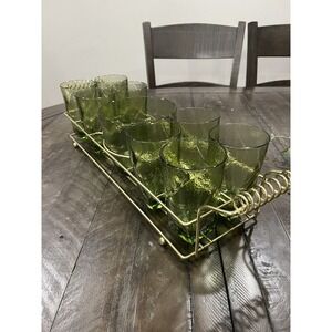 Hazel Atlas‎ Pebble Green Bar Set Square Base Drink Glass Tumblers Ice Bucket
